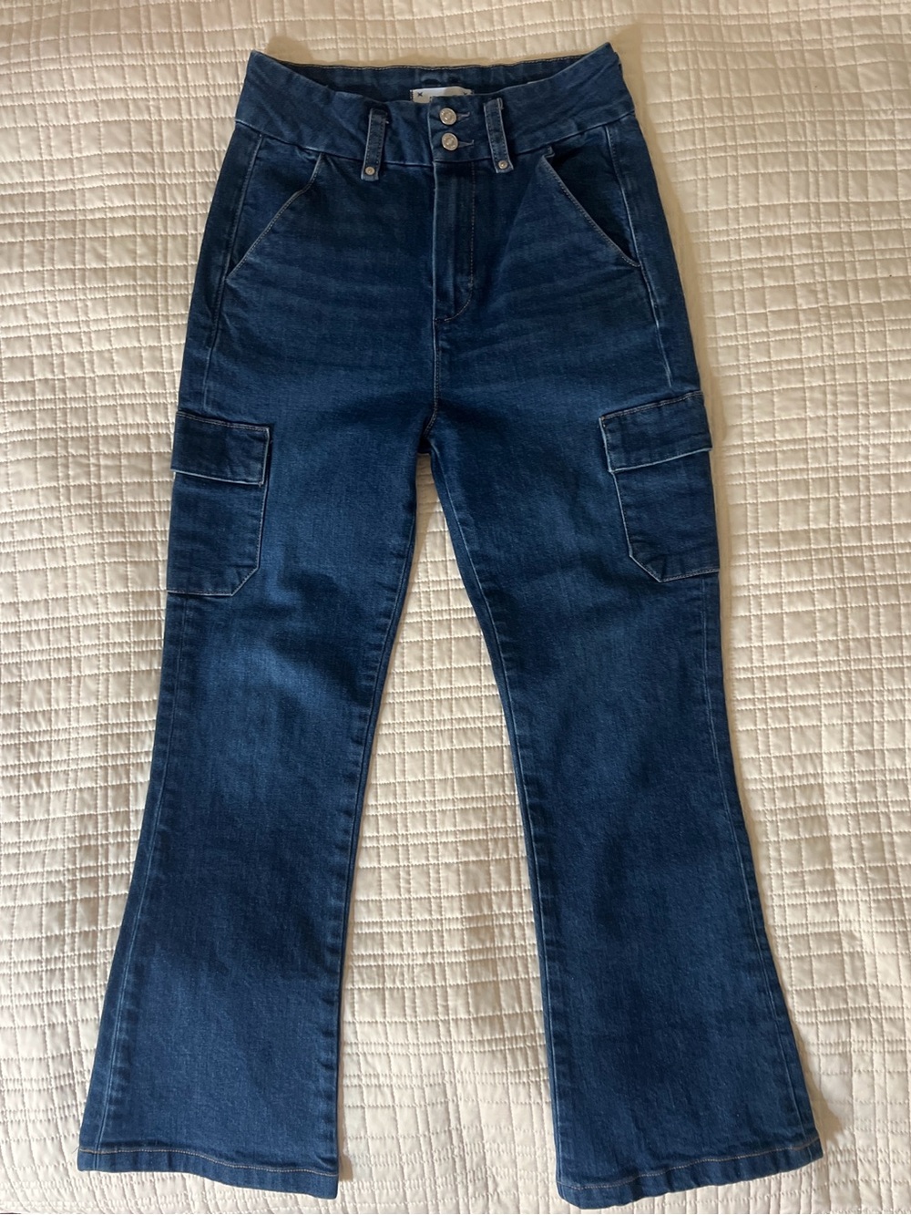 PAIGE High Rise Cargo Flare Jeans Dark Wash Double Button Size 27